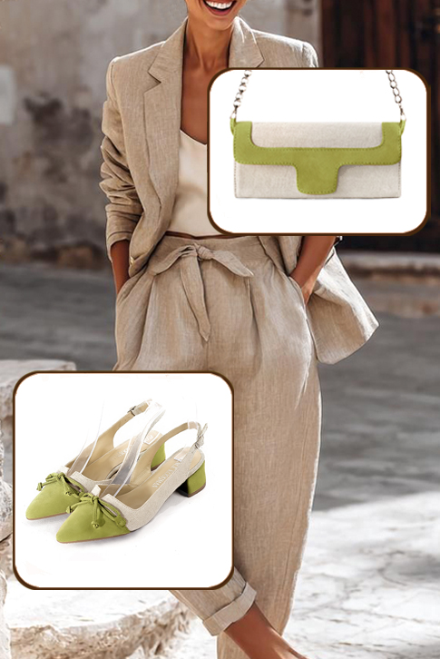 Women's pistachio green and natural beige elegant slingback heels, with a bow on the front. Tapered toe. Low flare heels - Worn view